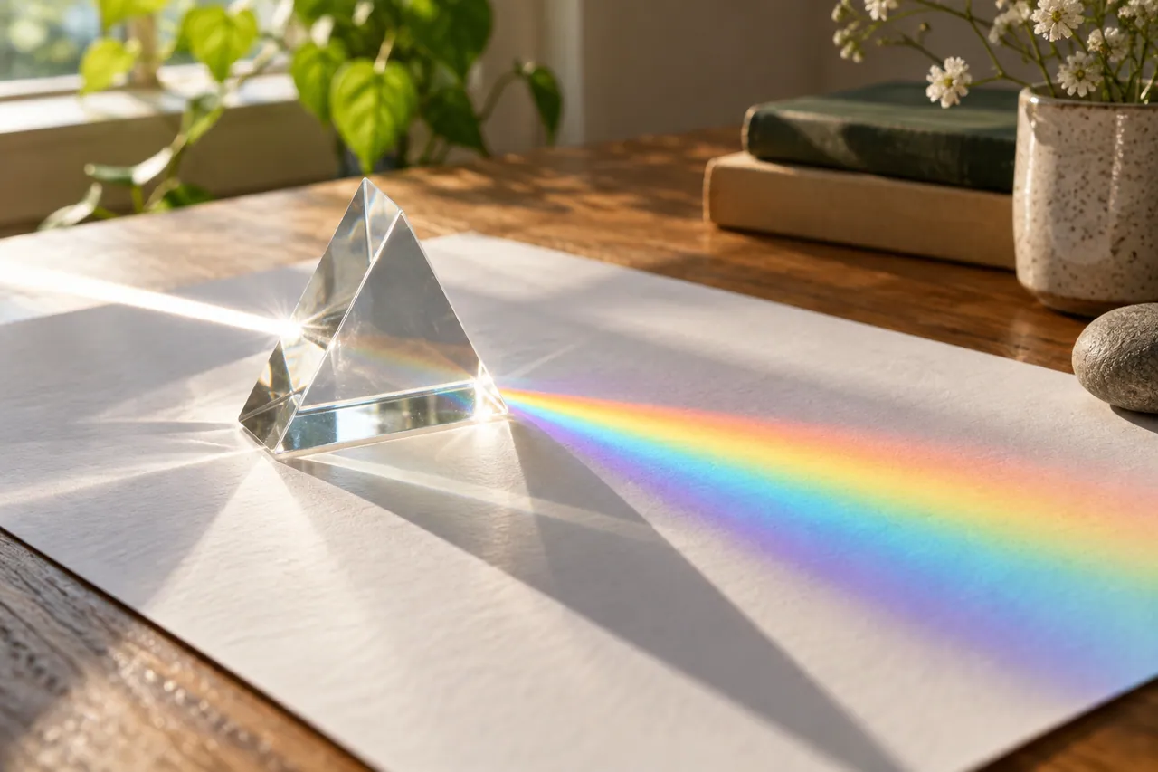 A clear glass prism splitting a beam of sunlight into a subtle spectrum across white paper.