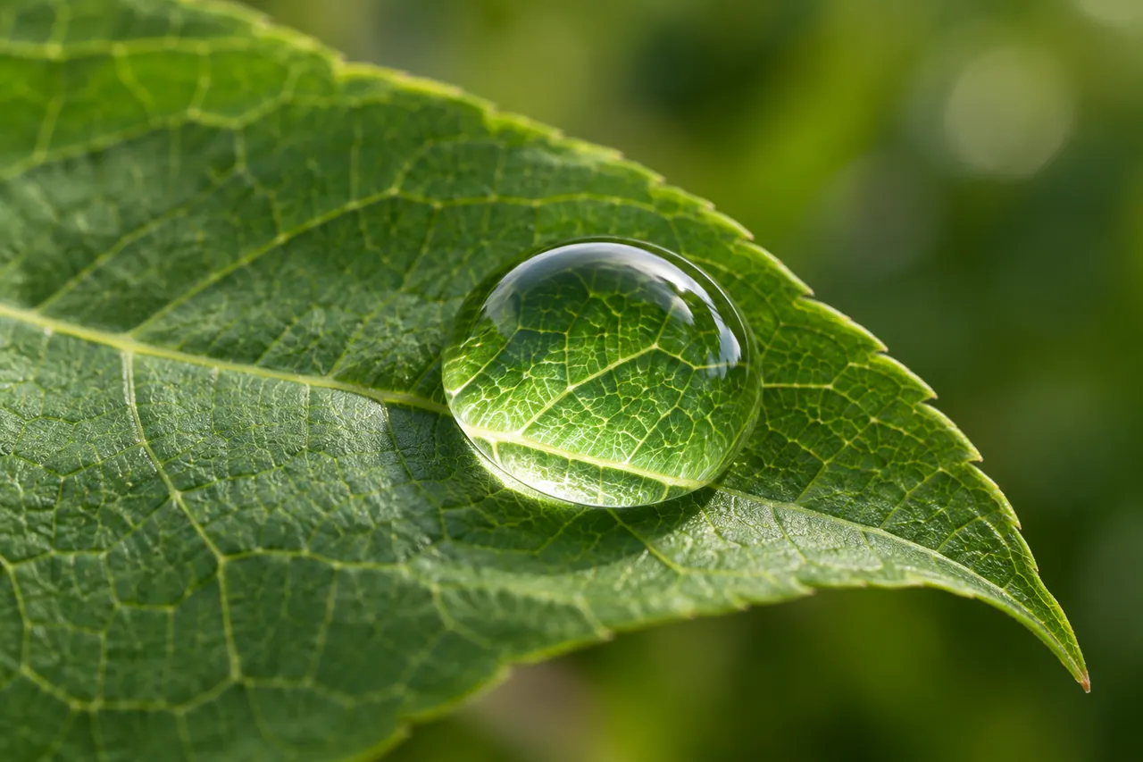 A single clear water droplet magnifying the texture of a green leaf.