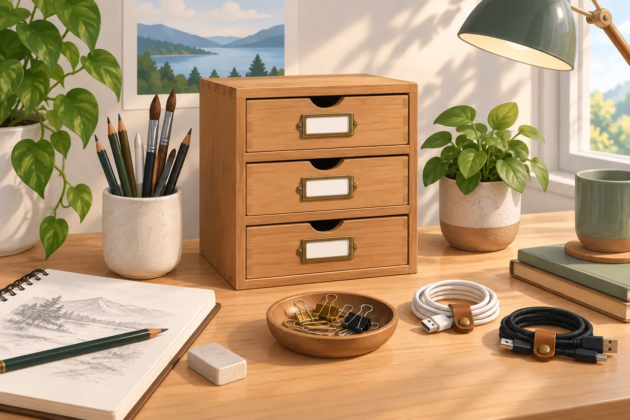 A small wooden organizer with three drawers on a clean desk.